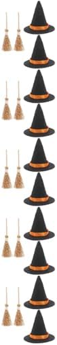 LOGOFUN 10 Sets Mini Witch Hats and Brooms Halloween Decor Set Black