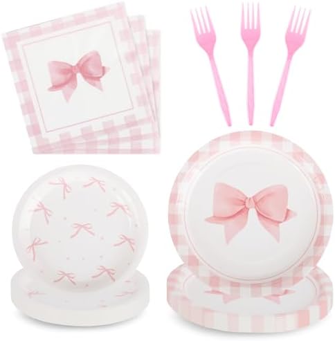 200Pcs Pink Bow Party Plates Napkins Forks Set