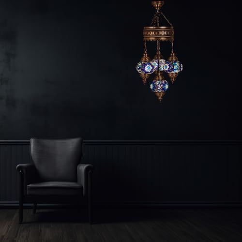 LaModaHome Authentic Tiffany Chandelier - Turkish Sultan Mosaic Lamp with 5 Globes for Home Decor