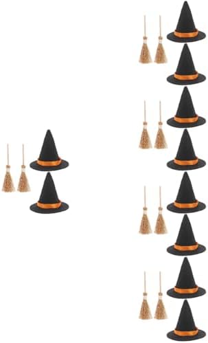 LOGOFUN 10 Sets Mini Witch Hats and Brooms Halloween Decor Set Black