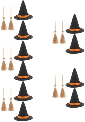 LOGOFUN 10 Sets Mini Witch Hats and Brooms Halloween Decor Set Black