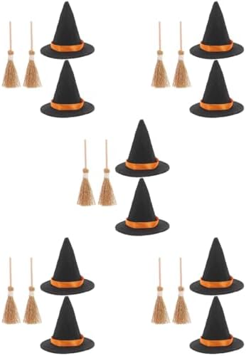 LOGOFUN 10 Sets Mini Witch Hats and Brooms Halloween Decor Set Black
