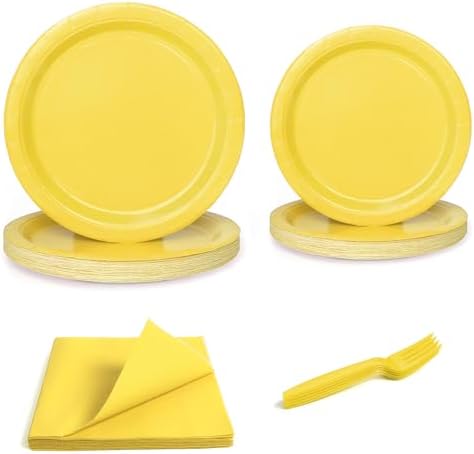 96 Pcs Yellow Paper Plates and Napkins Set for 24 Guests