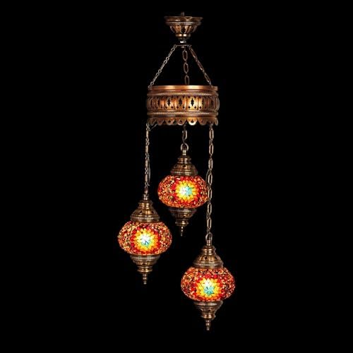 LaModaHome Authentic Tiffany Chandelier - Turkish Sultan Mosaic Lamp with 3 Globes for Living Room and Bedroom