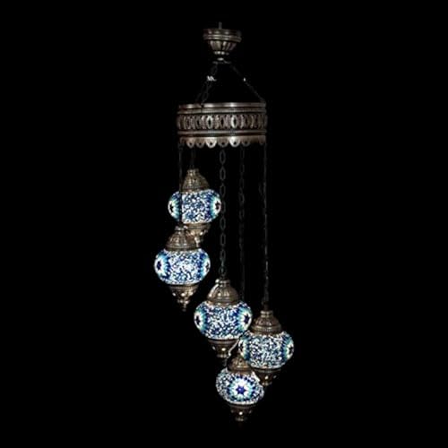 LaModaHome Authentic Tiffany Chandelier - Turkish Sultan Mosaic Lamp with 5 Globes for Home Decor