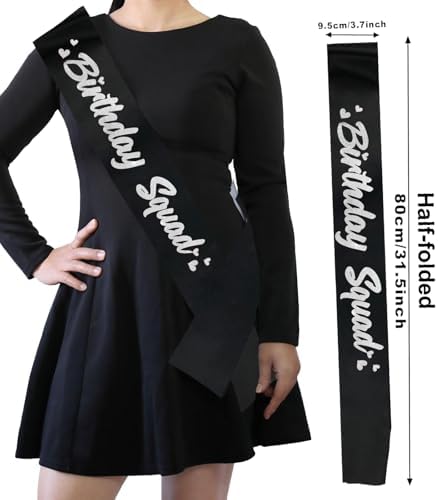 6 Piece Birthday Squad Sash Set Black with Silver Glitter Letters for Women Party Favors Decorations