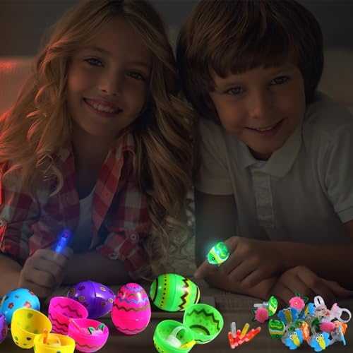 Hollowfly 60 Glow in the Dark Easter Eggs with 32 LED Light Up Rings and 30 Mini Glow Sticks