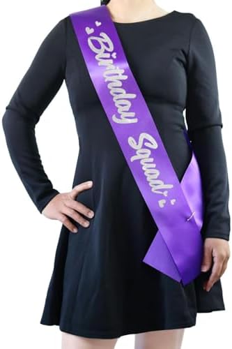 6 Piece Birthday Squad Sash Set Purple with Silver Glitter Lettering