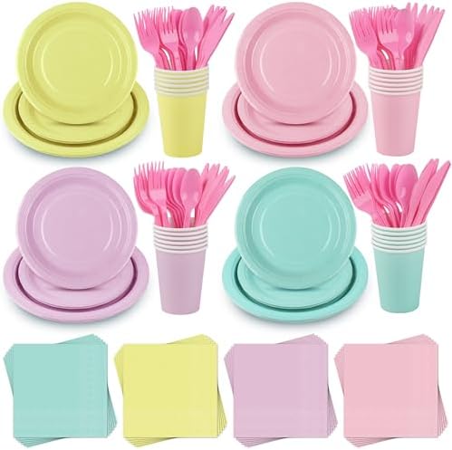 Durony 192 Pcs Pastel Party Supplies Plates Cups Napkins Cutlery Set
