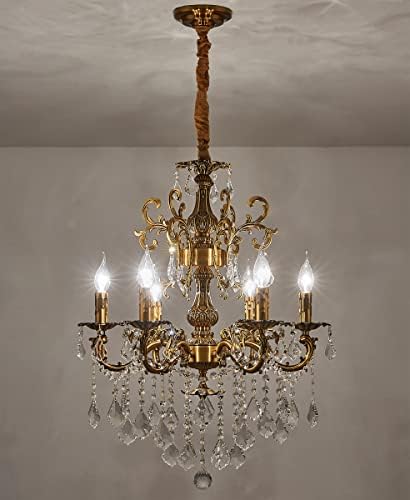 6 Light Antique Gold Crystal Chandelier with Dimmable Function