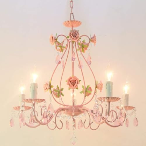 Pink Crystal Chandelier for Girls Room - 5 Light 236 W x 205 H