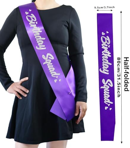 6 Piece Birthday Squad Sash Set Purple with Silver Glitter Lettering