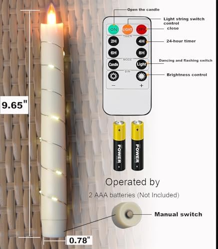 Flameless Cone Candle with Star String Light 11-Button Remote Control Timer 3-Pack Window Candle Ivory