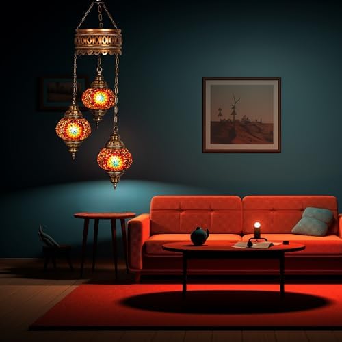 LaModaHome Authentic Tiffany Chandelier - Turkish Sultan Mosaic Lamp with 3 Globes for Living Room and Bedroom