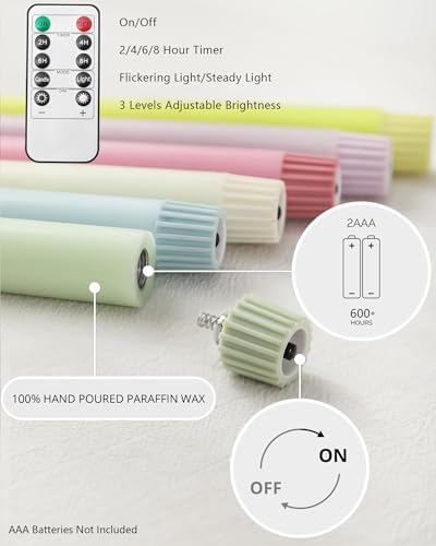 Multicolored Pastel Flameless Taper Candles with Timer and Remote 6 Pack