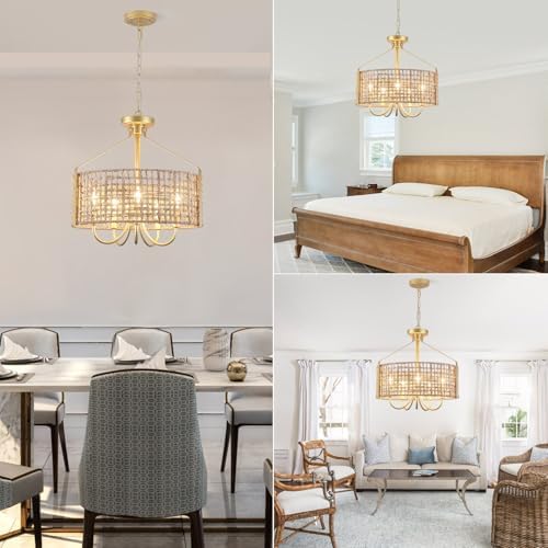 18 Inch Gold Rattan Chandelier 5 Light Boho Design