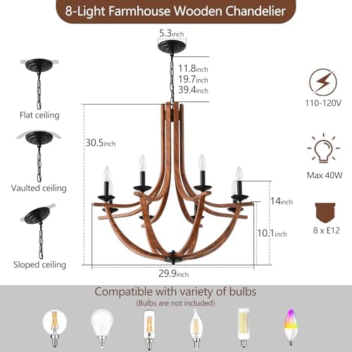 Modern Farmhouse Chandelier with 8 Lights Wood Finish
