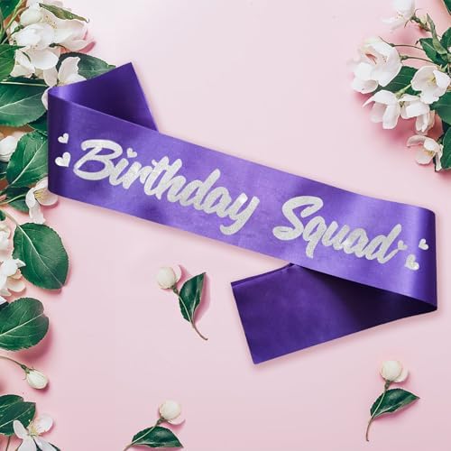 6 Piece Birthday Squad Sash Set Purple with Silver Glitter Lettering