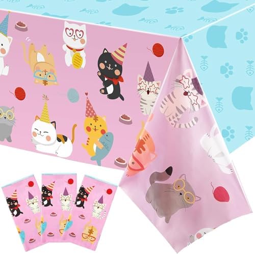 Tatuo 3 Pcs Cat Tablecloth Birthday Party Decor Pink Kitten Supplies