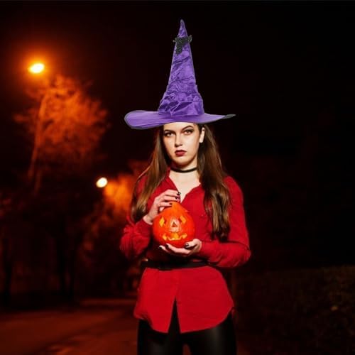 LOGOFUN Halloween Witch Hat Purple Wizard Hat with Bat for Cosplay Party