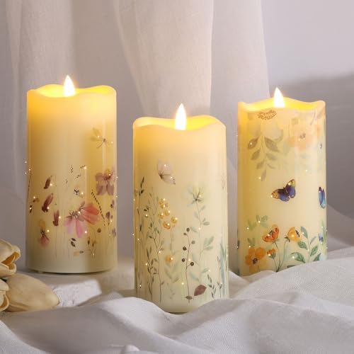 Eywamage Flameless Candles Set of 3 Butterfly Floral LED