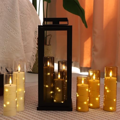 Flickering Flameless LED Candles with Timer and Remote Embedded Star String Lights Grey Acrylic 5 Pack