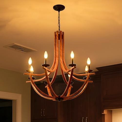 Modern Farmhouse Chandelier with 8 Lights Wood Finish