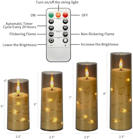 Flickering Flameless LED Candles with Timer and Remote Embedded Star String Lights Grey Acrylic 5 Pack