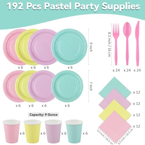 Durony 192 Pcs Pastel Party Supplies Plates Cups Napkins Cutlery Set