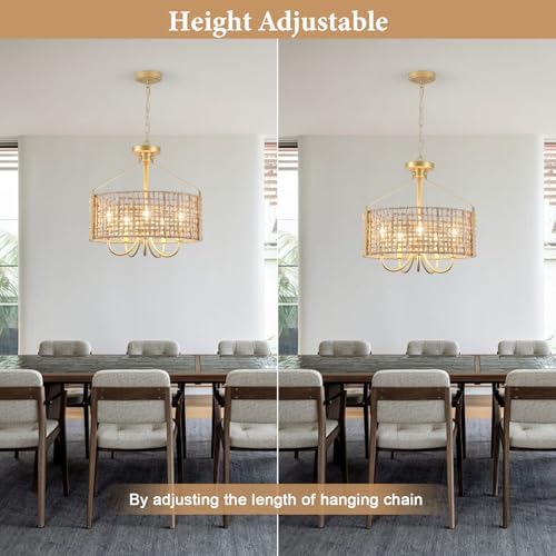 18 Inch Gold Rattan Chandelier 5 Light Boho Design
