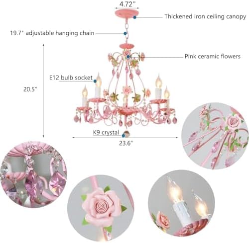 Pink Crystal Chandelier for Girls Room - 5 Light 236 W x 205 H