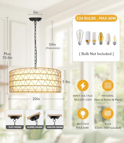 20 Inch Rattan Chandelier with 5 Lights Boho Style