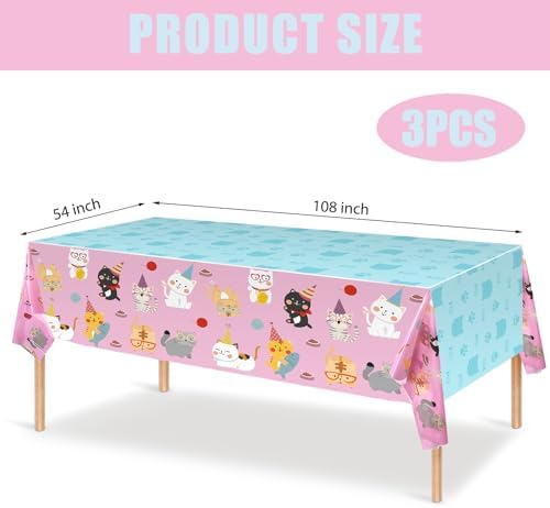 Tatuo 3 Pcs Cat Tablecloth Birthday Party Decor Pink Kitten Supplies
