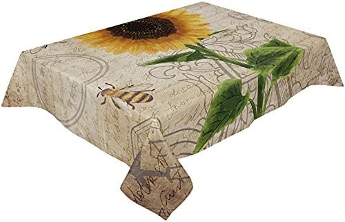 Rectangle Tablecloth Waterproof Stainproof with Retro Sunflower and Bees Design