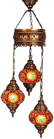 LaModaHome Authentic Tiffany Chandelier - Turkish Sultan Mosaic Lamp with 3 Globes for Living Room and Bedroom