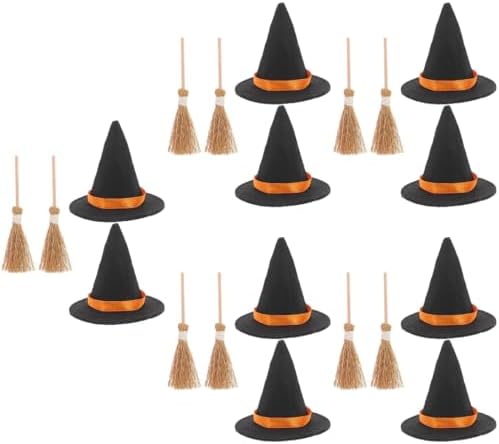 LOGOFUN 10 Sets Mini Witch Hats and Brooms Halloween Decor Set Black