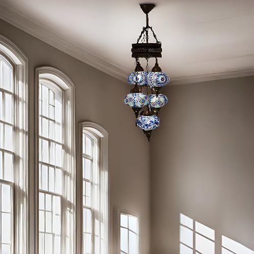 LaModaHome Authentic Tiffany Chandelier - Turkish Sultan Mosaic Lamp with 5 Globes for Home Decor