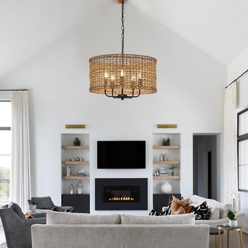 Hand Woven Rattan Chandelier 5 Lights Vintage Farmhouse Style