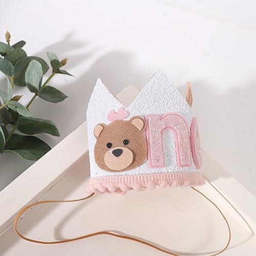 1st Birthday Teddy Bear Crown for Girls - Pink Bear Party Hat