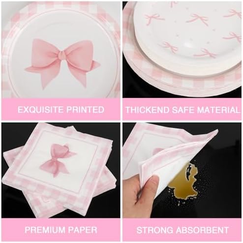200Pcs Pink Bow Party Plates Napkins Forks Set