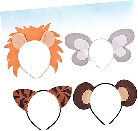 4pcs Animal Headband with Lion Tiger Elephant Monkey Designs