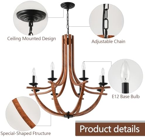 Modern Farmhouse Chandelier with 8 Lights Wood Finish