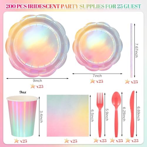 200 Pcs Iridescent Pastel Party Tableware Decorations for Girls Birthday