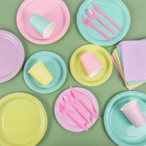 Durony 192 Pcs Pastel Party Supplies Plates Cups Napkins Cutlery Set