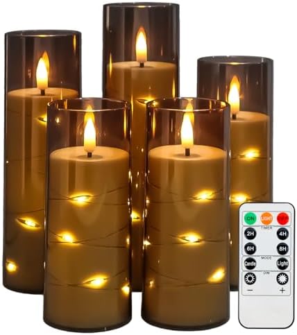 Flickering Flameless LED Candles with Timer and Remote Embedded Star String Lights Grey Acrylic 5 Pack