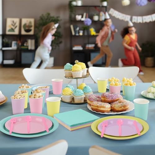 Durony 192 Pcs Pastel Party Supplies Plates Cups Napkins Cutlery Set