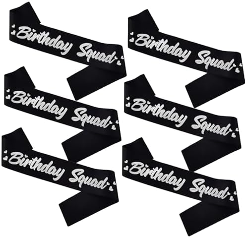 6 Piece Birthday Squad Sash Set Black with Silver Glitter Letters for Women Party Favors Decorations