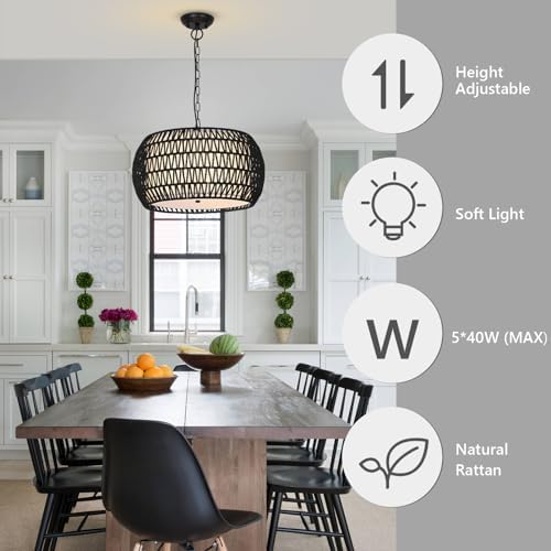 PAUFUL 5-Light Farmhouse Rattan Chandelier