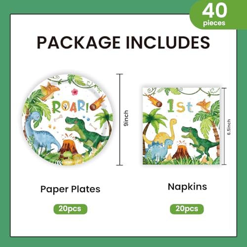 40pcs Watercolor Dinosaur Paper Plates and Napkins Party Set