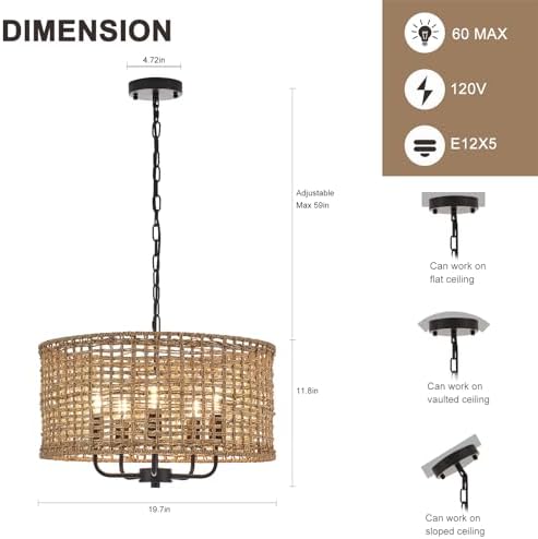 Hand Woven Rattan Chandelier 5 Lights Vintage Farmhouse Style